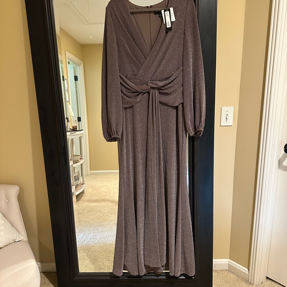 Betsy & Adam Long Sleeve Gown in Shimmering Brown